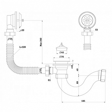 Е150/V110 Сифон для ванны 1½"х40 с переливом